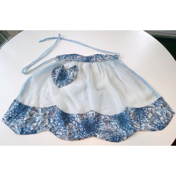 Vintage 1960s half apron, blue chiffon scalloped bottom, cottage core - Picture 1 of 8